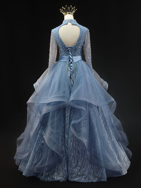 Light Blue Sequin Ball Gown Wedding Dress - Long Sleeve Wedding Dress - Sheer Corset Wedding Dress Plus Size